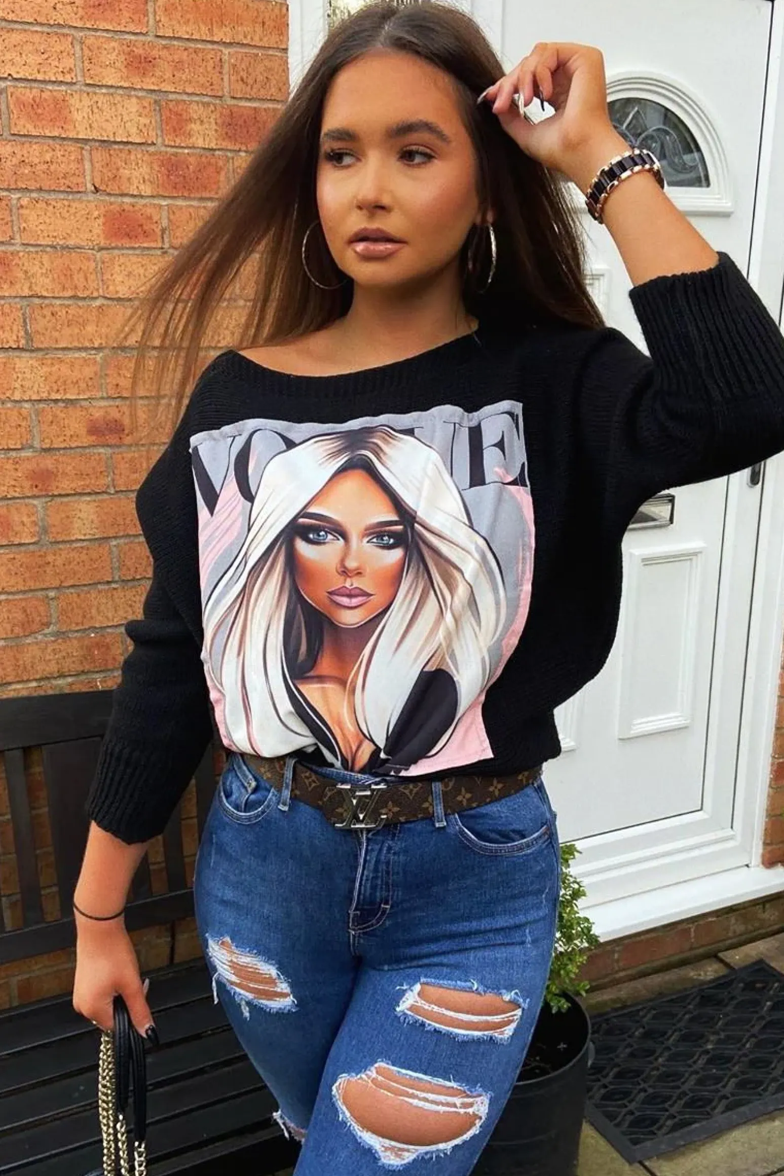 Rebellious Fashion Black Vogue Graphic Slouchy Knit Jumper - Janel