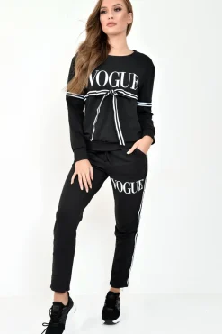 Rebellious Fashion Black Vogue Slogan Tie Front Loungewear Set - Bryana
