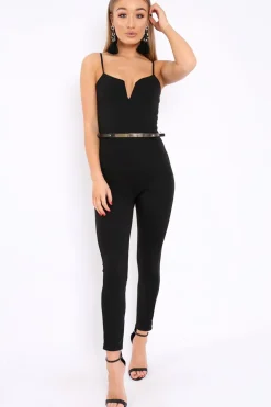 Rebellious Fashion Black V- Plunge Gold Belt Jumpsuit -Izela