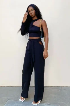 Rebellious Fashion Black Waist Cut Out Wide Leg Trousers - Adela