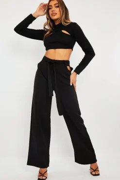 Rebellious Fashion Black Waist Cut Out Wide Leg Trousers - Adela