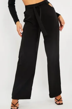 Rebellious Fashion Black Waist Cut Out Wide Leg Trousers - Adela