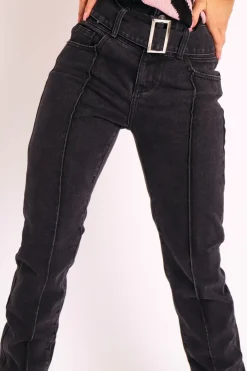 Rebellious Fashion Black Wash Belted Straight Leg Jeans - Crosley