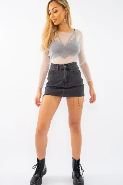 Rebellious Fashion Black Wash Denim Raw Edge Mini Skirt - Misty