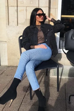 Rebellious Fashion Black Washed Belted Longline Denim Jacket - Luvina