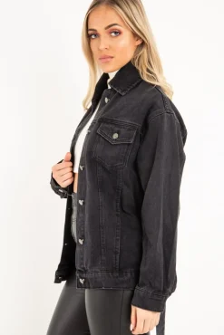 Rebellious Fashion Black Washed Belted Longline Denim Jacket - Luvina
