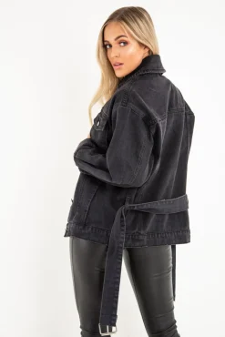 Rebellious Fashion Black Washed Belted Longline Denim Jacket - Luvina