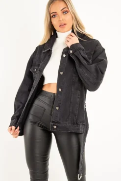 Rebellious Fashion Black Washed Belted Longline Denim Jacket - Luvina