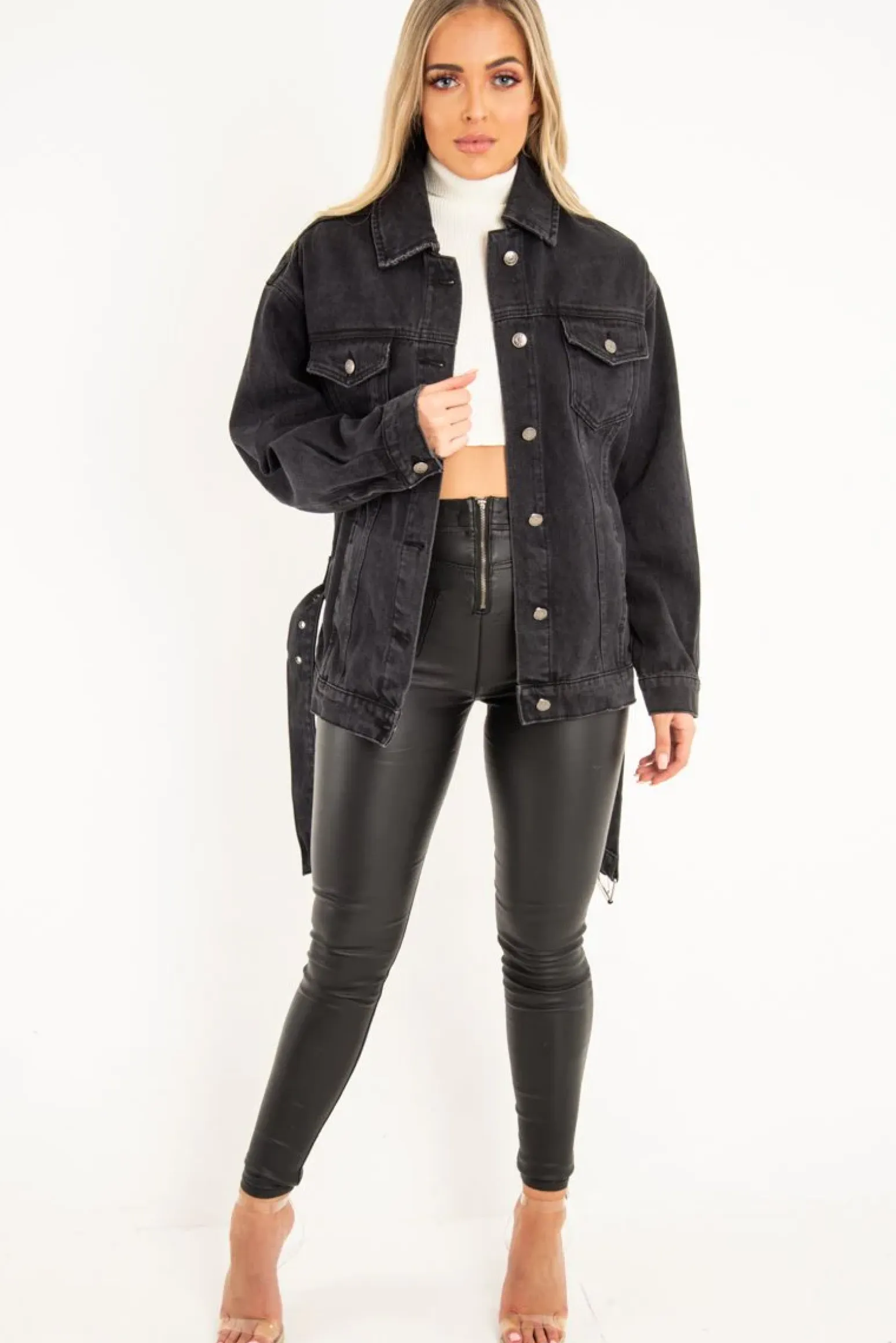 Rebellious Fashion Black Washed Belted Longline Denim Jacket - Luvina