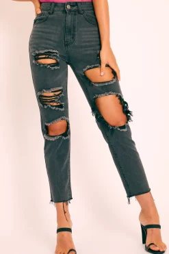 Rebellious Fashion Black Washed Denim Extreme Distressed Mom Jeans - Elara