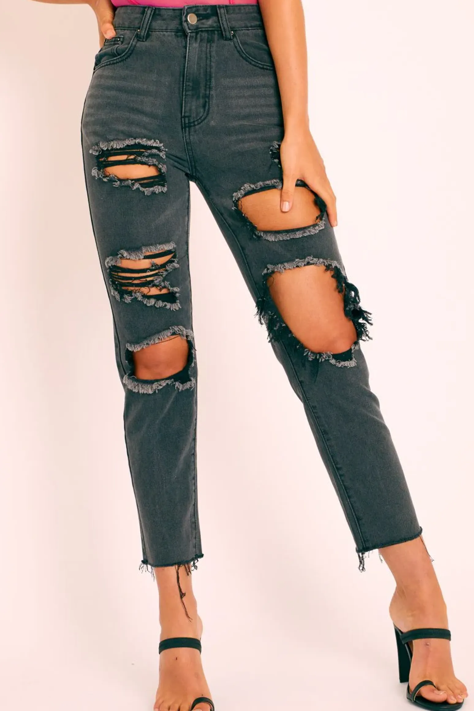 Rebellious Fashion Black Washed Denim Extreme Distressed Mom Jeans - Elara