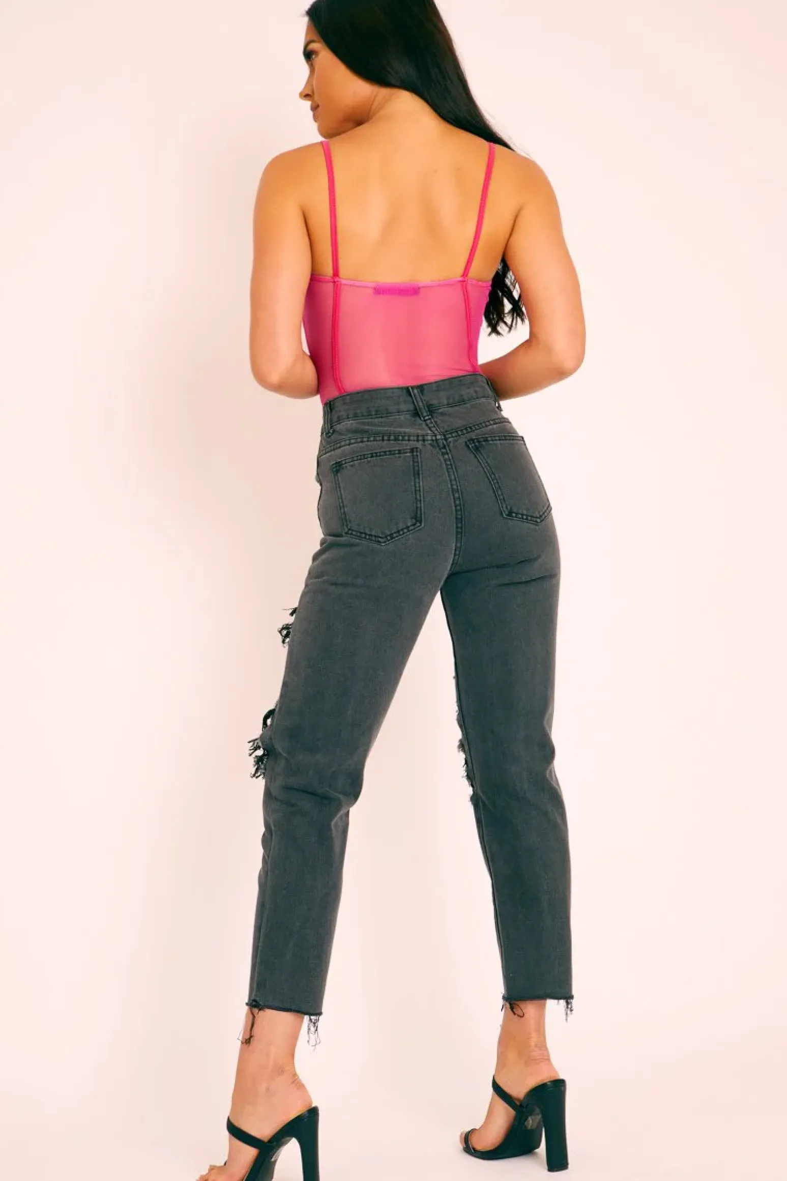 Rebellious Fashion Black Washed Denim Extreme Distressed Mom Jeans - Elara