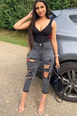 Rebellious Fashion Black Washed Denim Extreme Distressed Mom Jeans - Elara