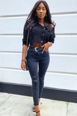 Rebellious Fashion Black Washed Denim Ripped Buckle Belted Skinny Jeans - Suzie