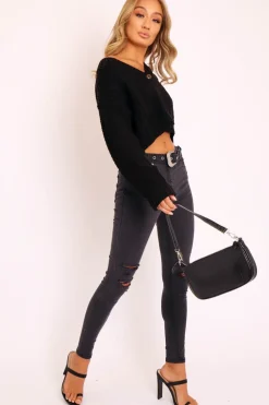 Rebellious Fashion Black Washed Denim Ripped Buckle Belted Skinny Jeans - Suzie