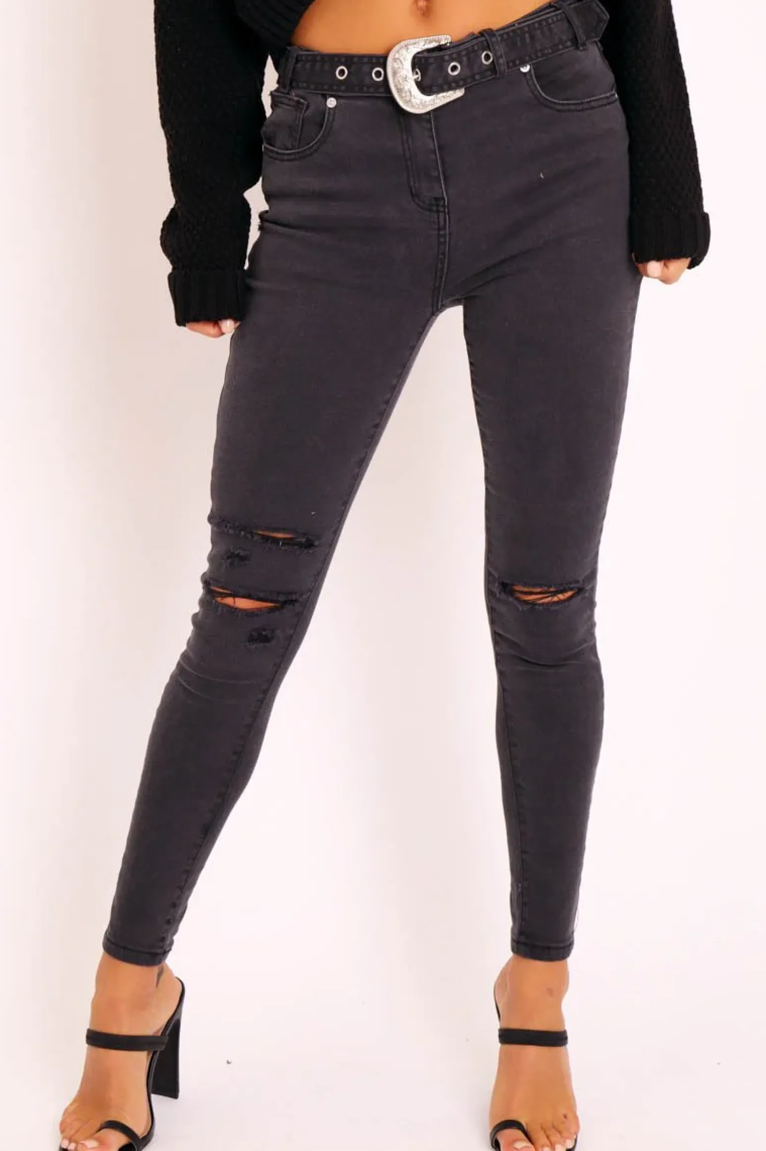 Rebellious Fashion Black Washed Denim Ripped Buckle Belted Skinny Jeans - Suzie