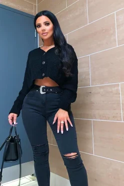 Rebellious Fashion Black Washed Denim Ripped Buckle Belted Skinny Jeans - Suzie