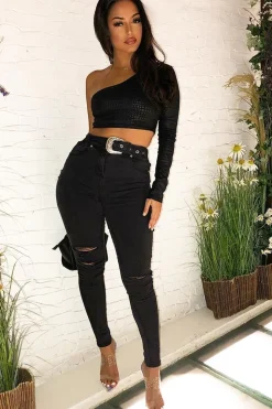 Rebellious Fashion Black Washed Denim Ripped Buckle Belted Skinny Jeans - Suzie