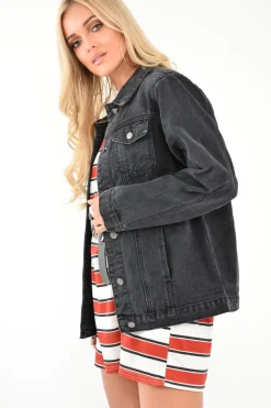 Rebellious Fashion Black Washed Oversized Longline Denim Jacket - Eryn
