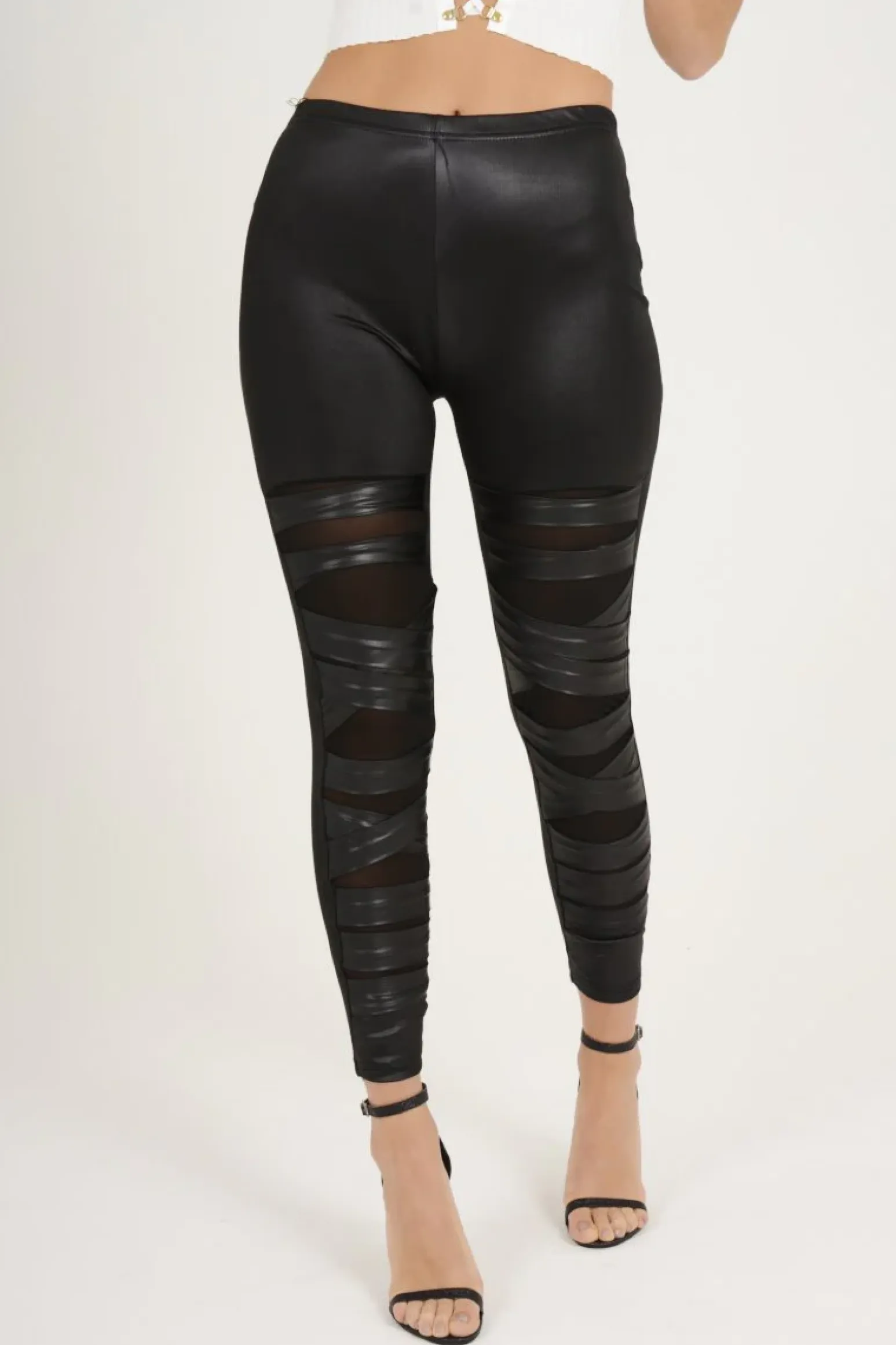 Rebellious Fashion Black Wet Look Mesh Insert Leggings - Eliza