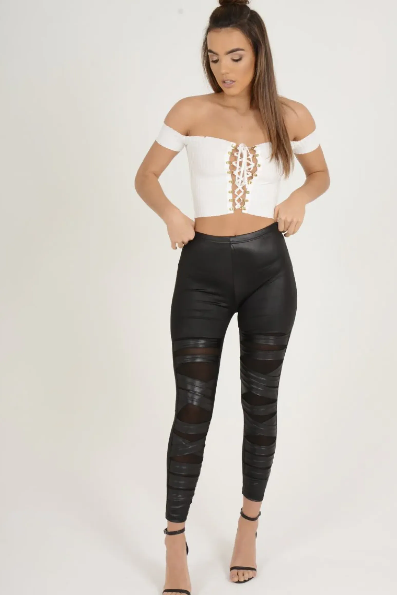 Rebellious Fashion Black Wet Look Mesh Insert Leggings - Eliza
