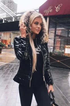 Rebellious Fashion Black Wet Look Puffer Coat - Soph
