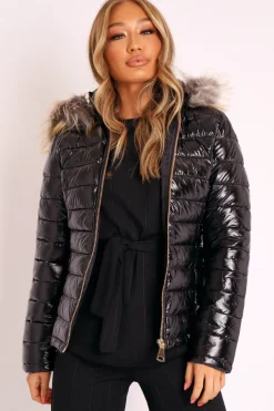 Rebellious Fashion Black Wet Look Puffer Coat - Soph