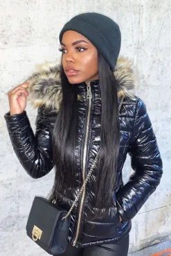Rebellious Fashion Black Wet Look Puffer Coat - Soph