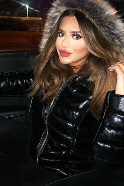 Rebellious Fashion Black Wet Look Puffer Coat - Soph