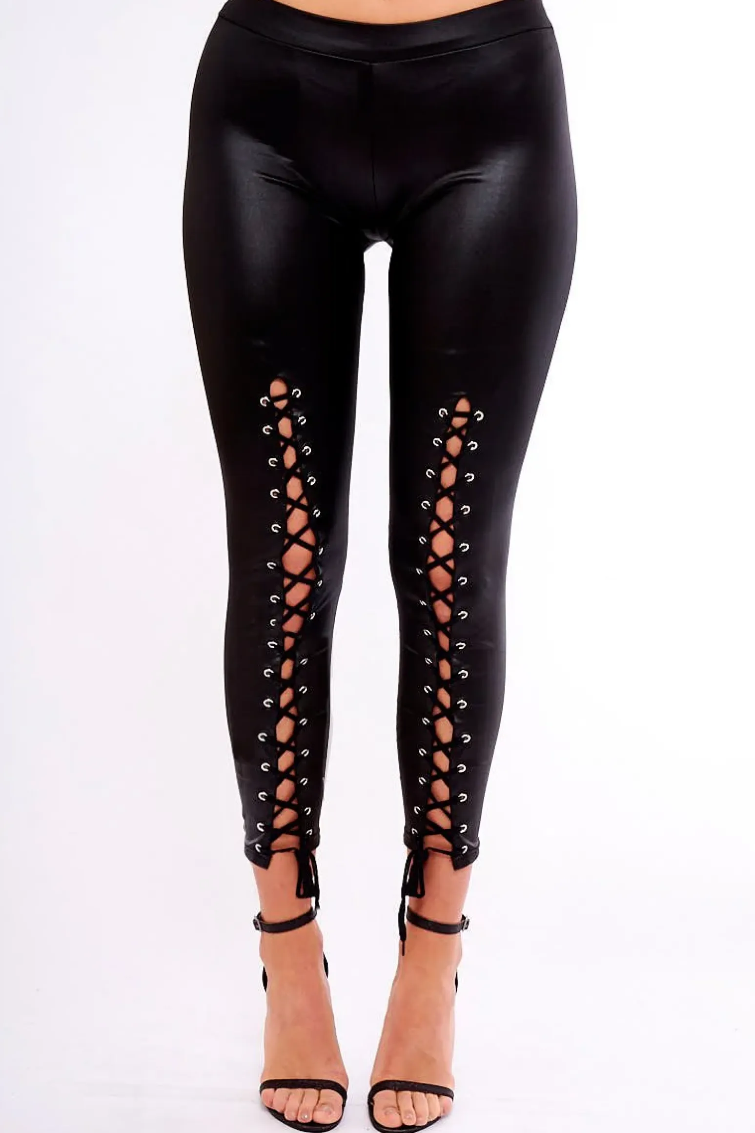 Rebellious Fashion Black Wet Look PU Lace Up Leggings - Carmen