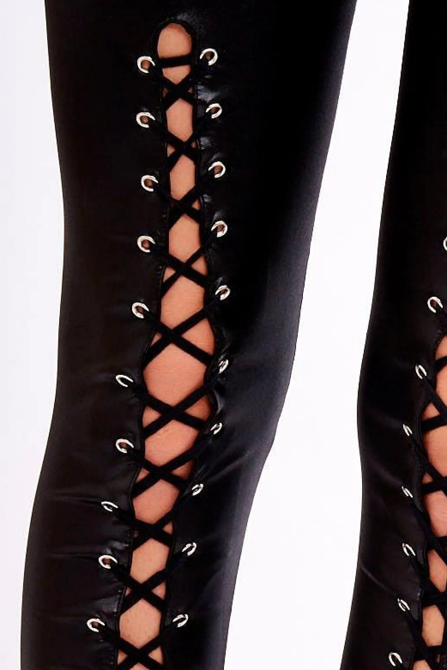 Rebellious Fashion Black Wet Look PU Lace Up Leggings - Carmen