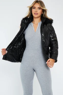 Rebellious Fashion Black Wet Look Reversible Fur Hood Puffer Jacket - Zadie