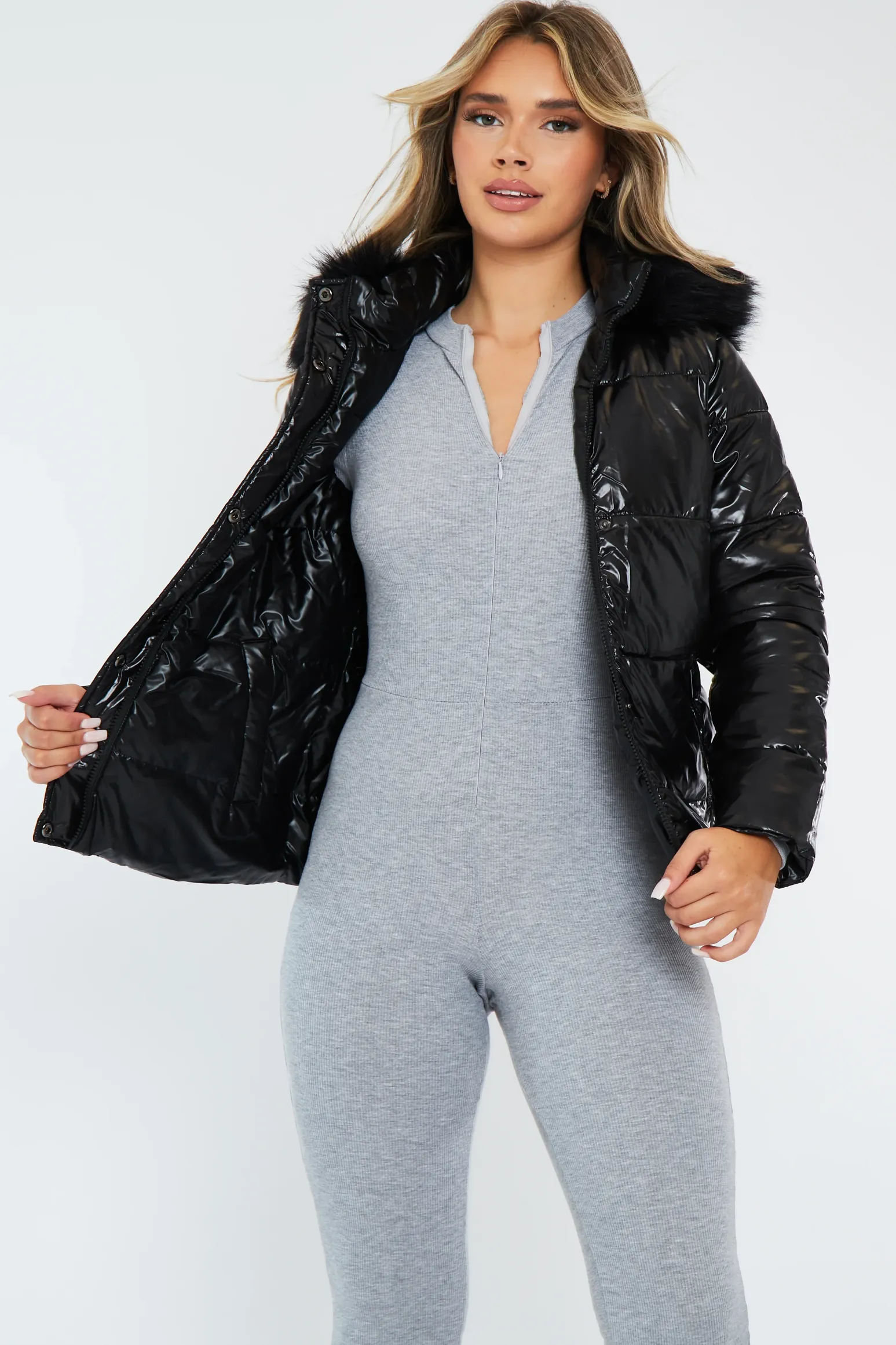 Rebellious Fashion Black Wet Look Reversible Fur Hood Puffer Jacket - Zadie