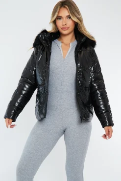 Rebellious Fashion Black Wet Look Reversible Fur Hood Puffer Jacket - Zadie