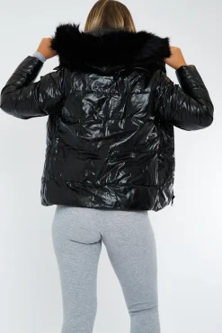Rebellious Fashion Black Wet Look Reversible Fur Hood Puffer Jacket - Zadie