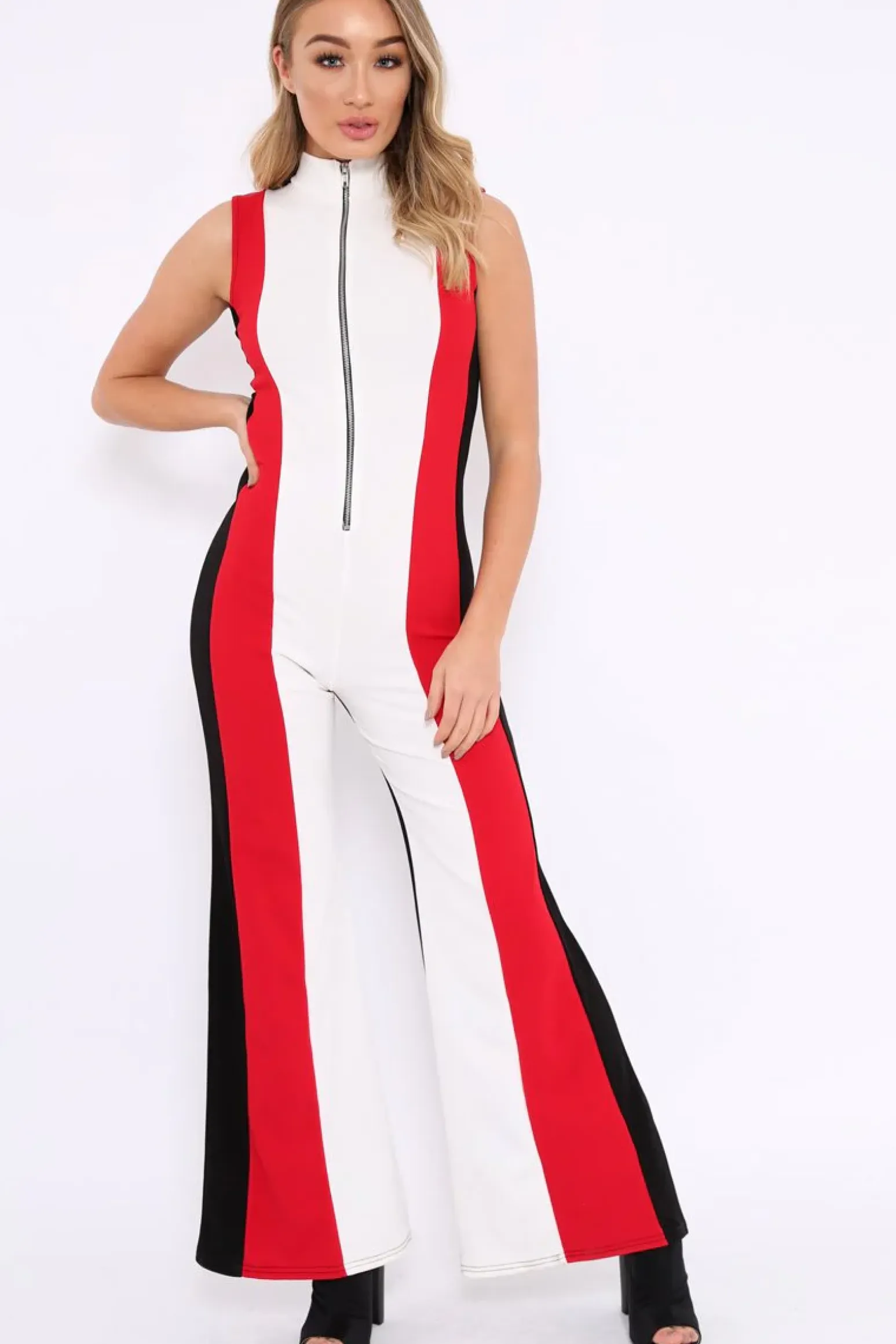 Rebellious Fashion Black White and Red Striped Zip Front Jumpsuit - Brina