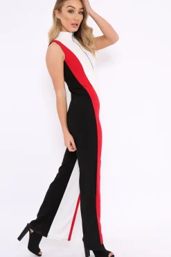 Rebellious Fashion Black White and Red Striped Zip Front Jumpsuit - Brina