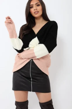 Rebellious Fashion Black White and Rose Knot Knit Jumper - Kerri
