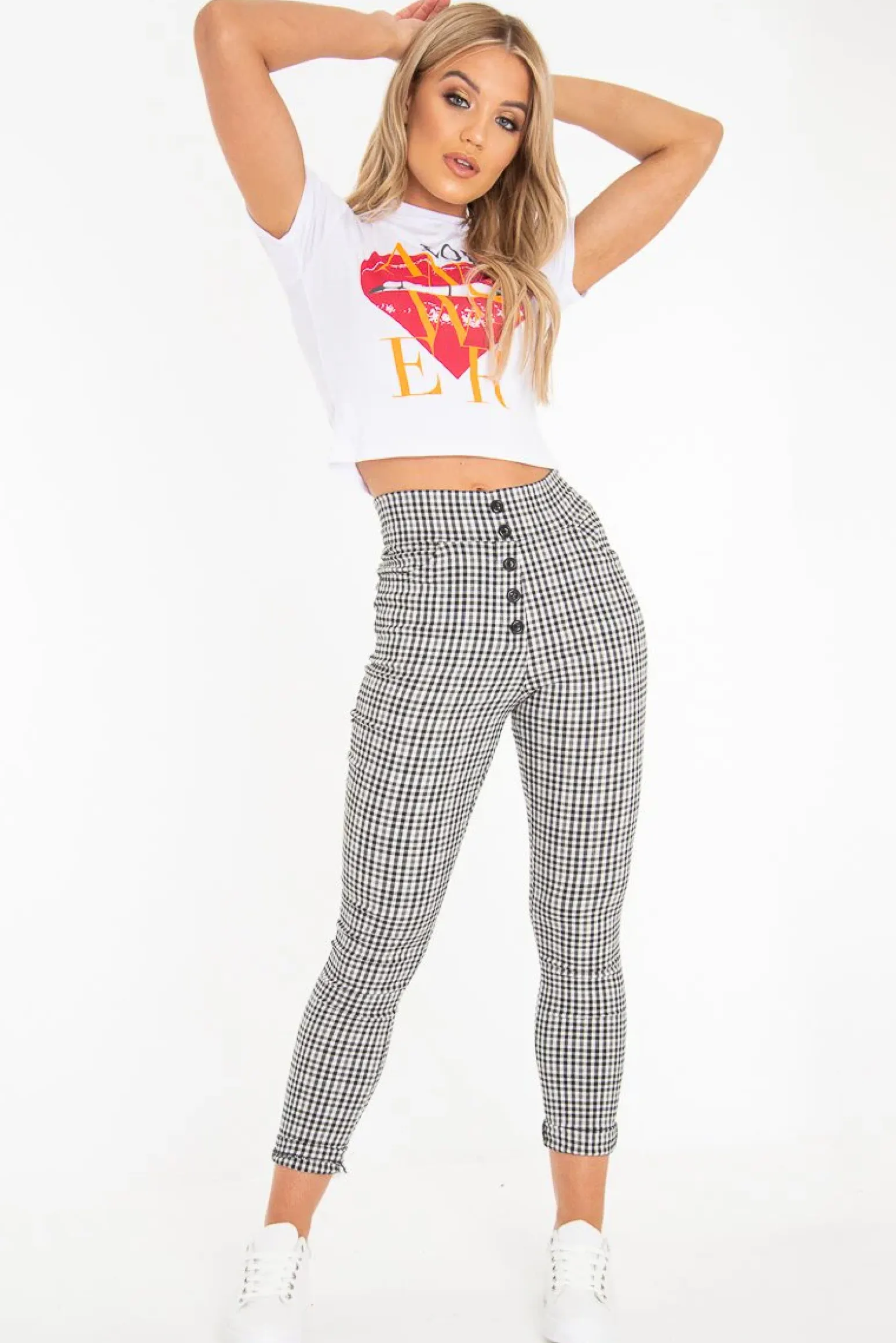 Rebellious Fashion Black White Check Button Front Skinny Leg Trousers - Simone