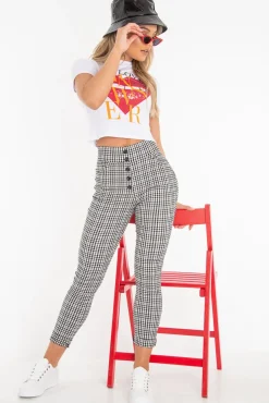 Rebellious Fashion Black White Check Button Front Skinny Leg Trousers - Simone