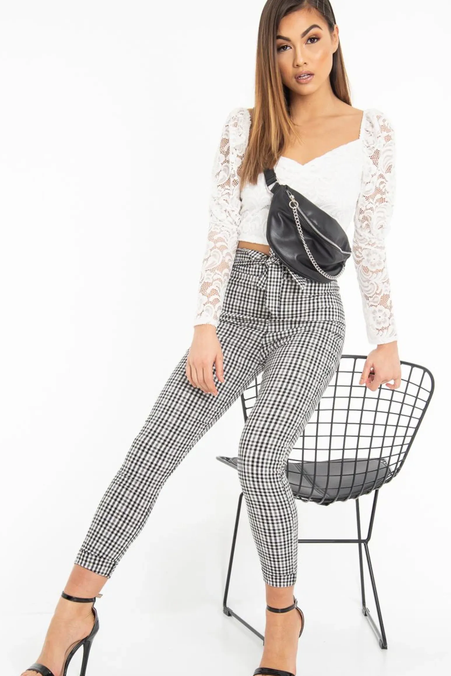Rebellious Fashion Black White Checked High Waist Tapered Tie Belt Trousers - Airis
