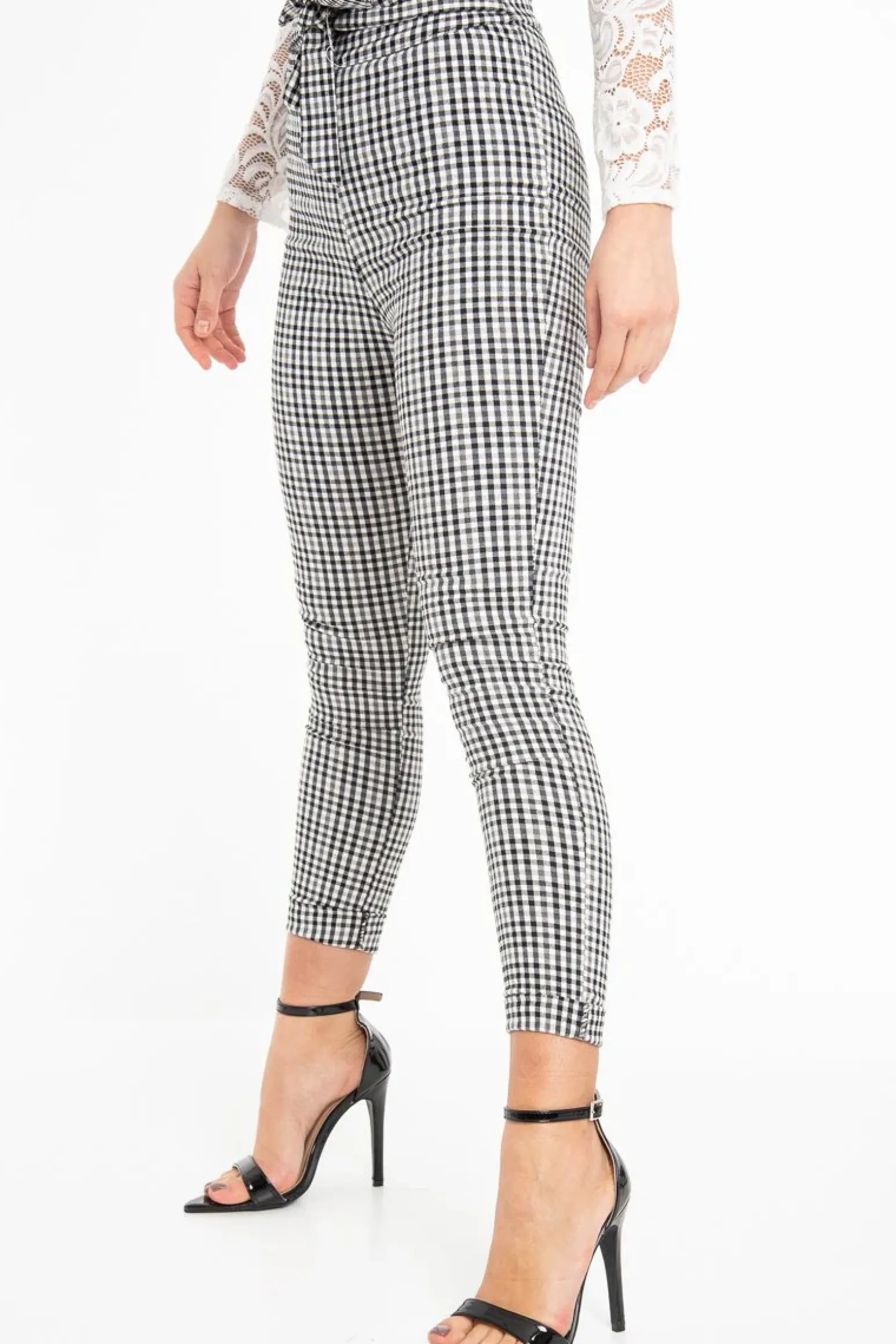 Rebellious Fashion Black White Checked High Waist Tapered Tie Belt Trousers - Airis