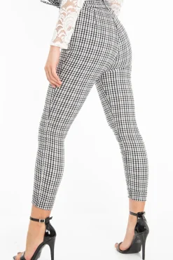 Rebellious Fashion Black White Checked High Waist Tapered Tie Belt Trousers - Airis