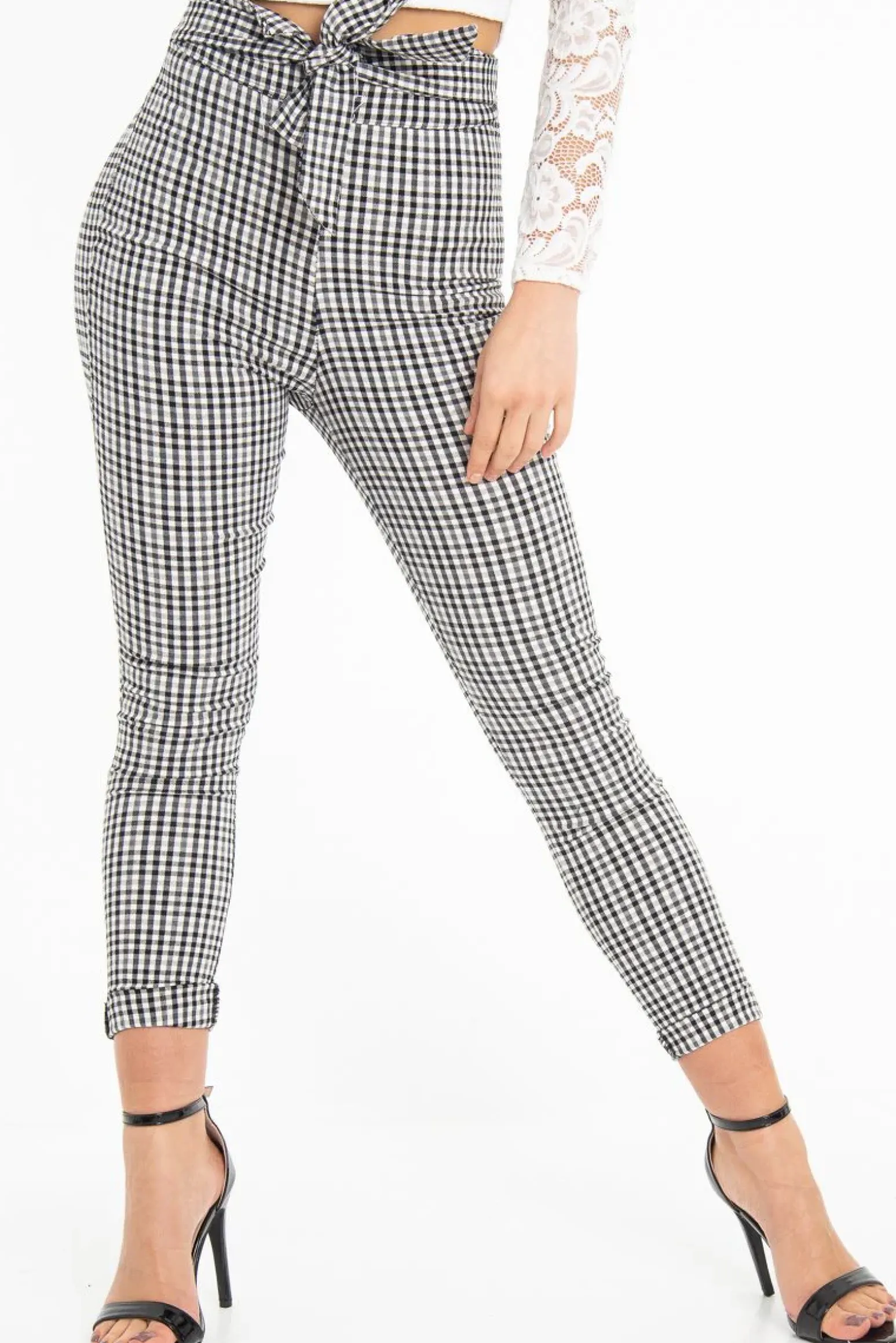 Rebellious Fashion Black White Checked High Waist Tapered Tie Belt Trousers - Airis