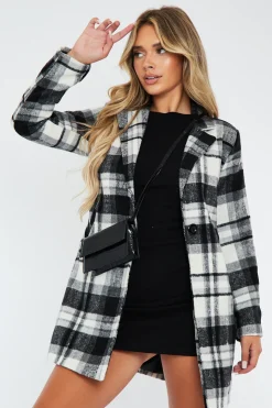 Rebellious Fashion Black White Checked Mid Length Coat - Ezel