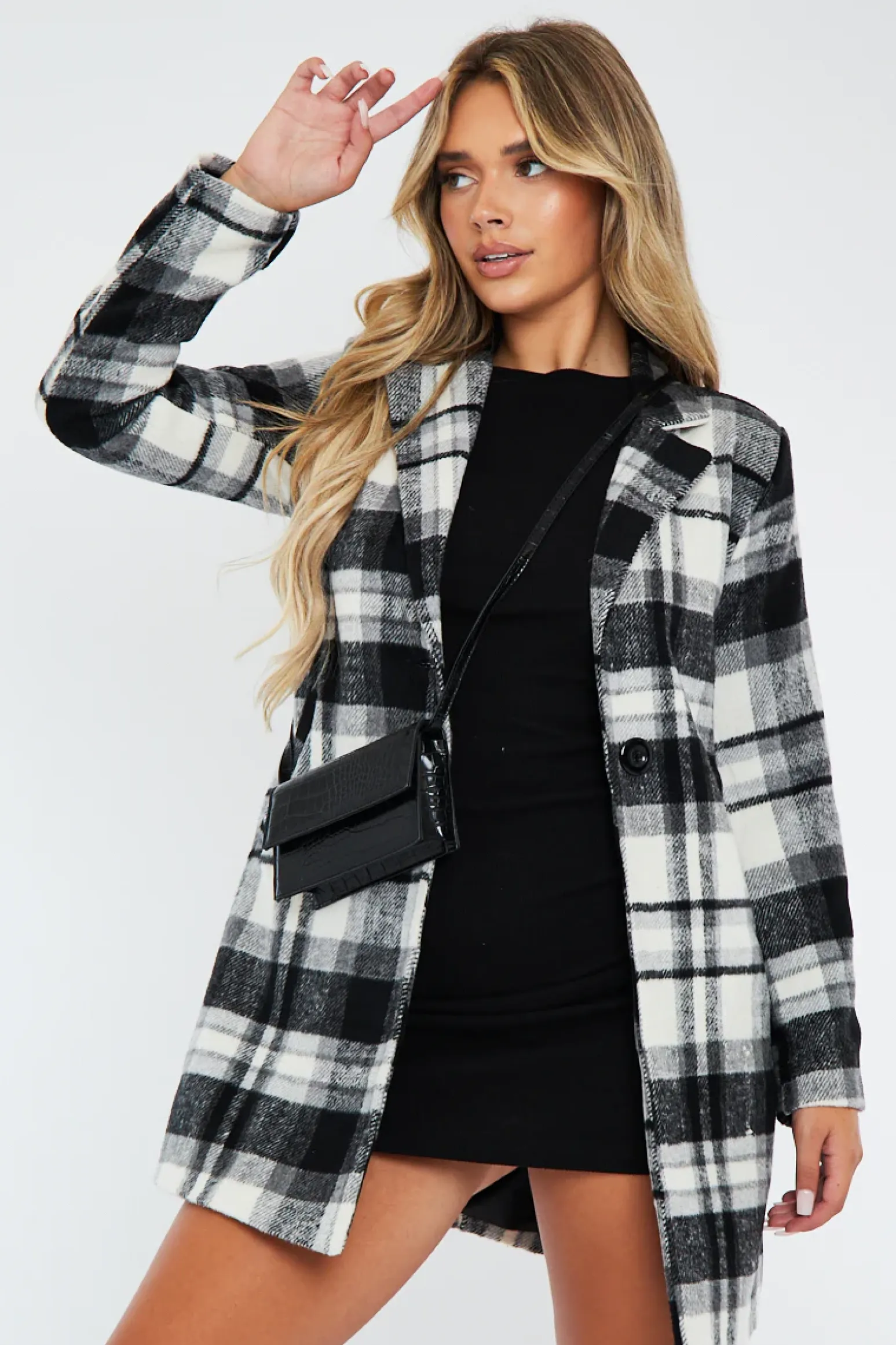 Rebellious Fashion Black White Checked Mid Length Coat - Ezel