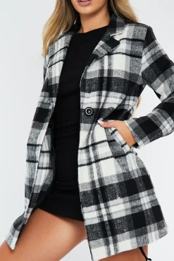 Rebellious Fashion Black White Checked Mid Length Coat - Ezel