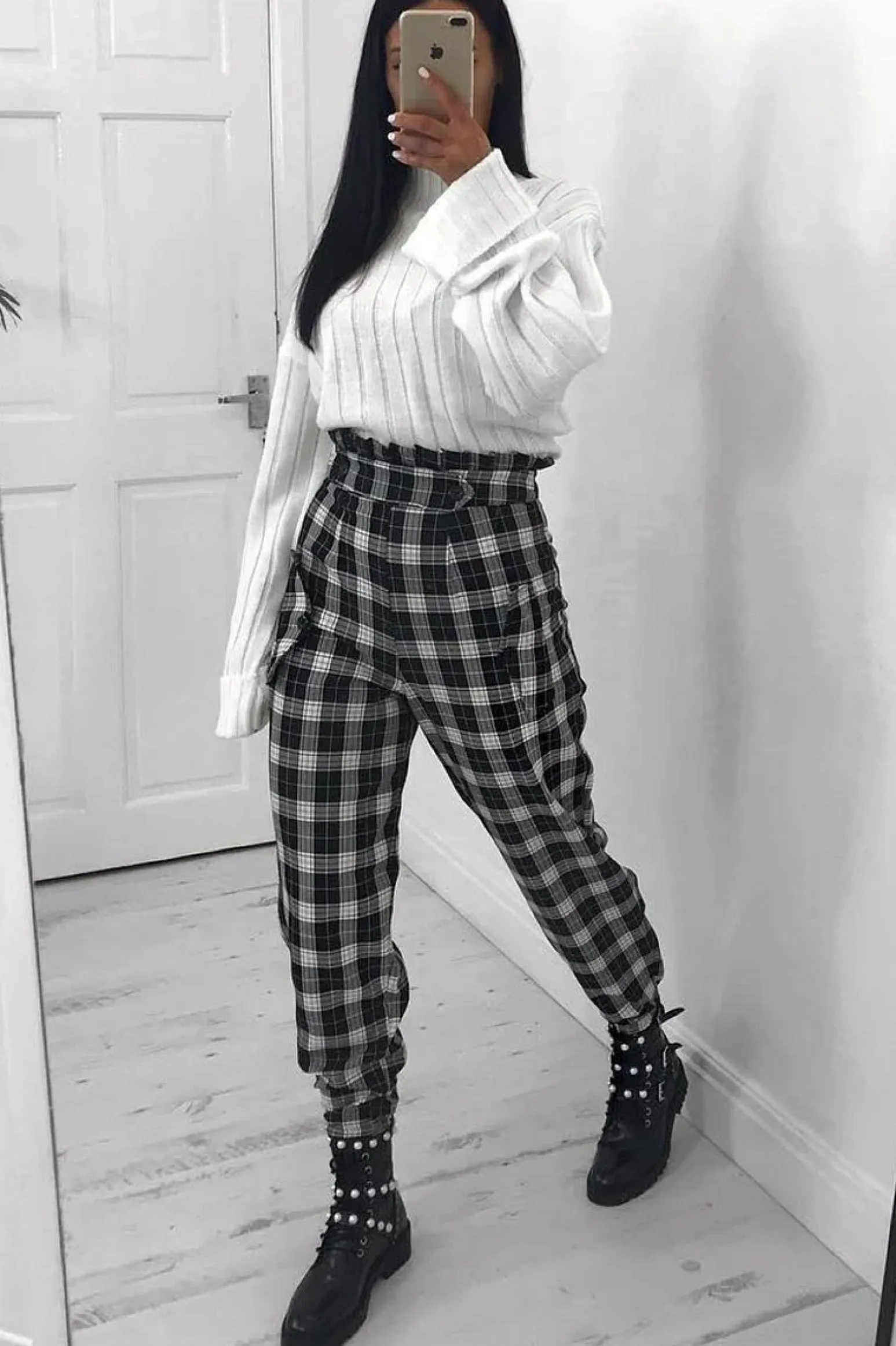 Rebellious Fashion Black White Check Frill Detail Trousers - Bristal