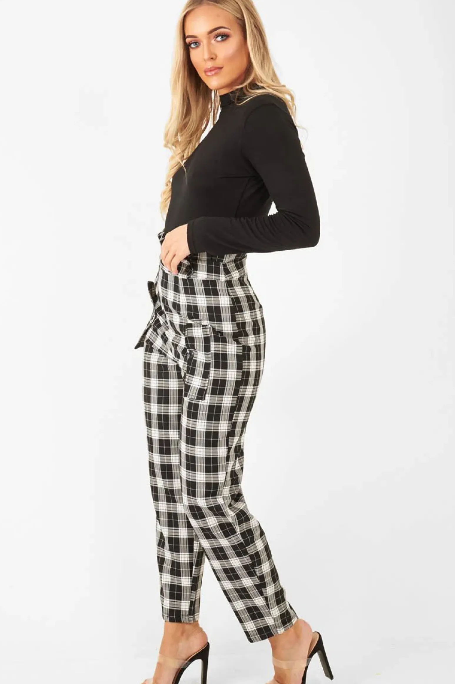 Rebellious Fashion Black White Check Frill Detail Trousers - Bristal