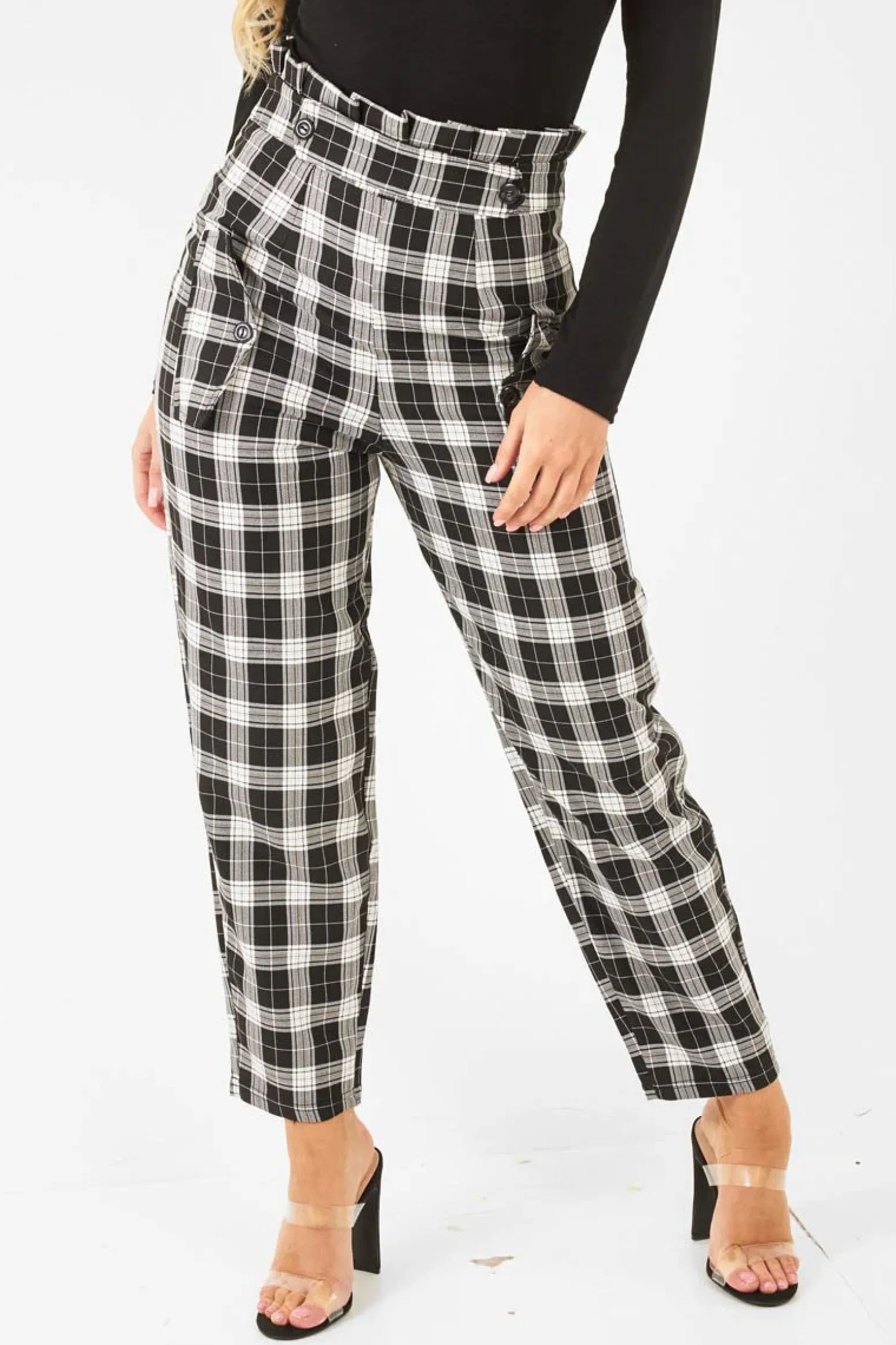 Rebellious Fashion Black White Check Frill Detail Trousers - Bristal